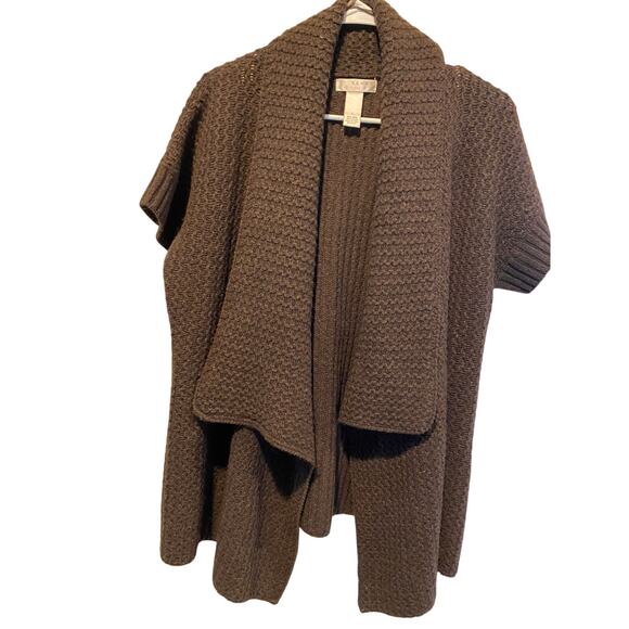 Kenar Open Front Short Sleeve Cardigan Large Brown Wool Textured Knit Sweater - Picture 4 of 7
